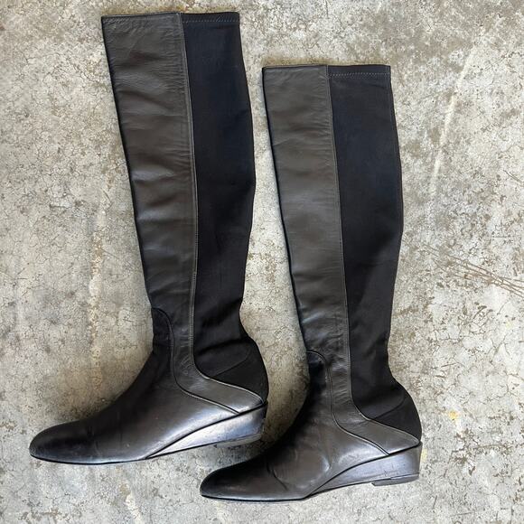Stuart Weitzman Black Leather "Plack" 50/50 Wedge Knee High Boots Size 6 M - Picture 8 of 14